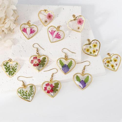 Zinc Alloy Drop Earring with Dried Flower & Resin & 304 Stainless Steel Heart epoxy gel fashion jewelry & for woman golden Sold By Bag