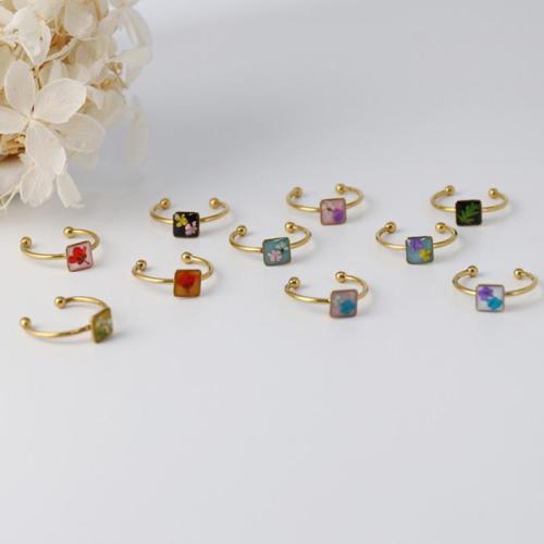 304 Stainless Steel Cuff Finger Ring with Dried Flower epoxy gel fashion jewelry & for woman golden Sold By Bag