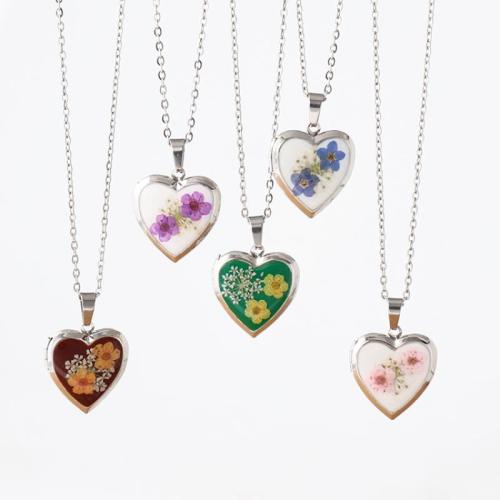 304 Stainless Steel Locket Necklace with 304 Stainless Steel Chain & Dried Flower epoxy gel can open and put into something & for woman original color Length Approx 45 cm Sold By Bag