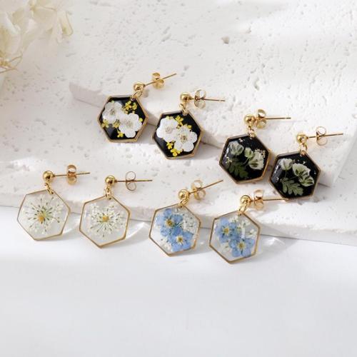 304 rustfrit stål Drop Earring, med Tørret blomst & Resin, forskellige design til valg & for kvinde & epoxy sticker, gylden, 6par/Bag, Solgt af Bag