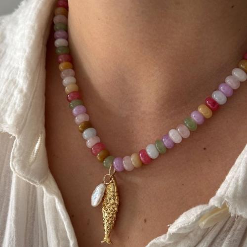 Gemstone šperky náhrdelník, Přírodní kámen, s Plastové Pearl & 304 Stainless Steel, módní šperky, smíšené barvy, 5x8mm, Prodáno By PC