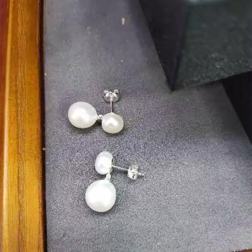 925 Sterling Silver Stud Earring with Freshwater Pearl fashion jewelry & for woman 21mm Sold By Pair
