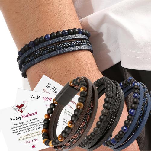 Gemstone Bracelet, le PU Microfiber & 304 Cruach dhosmálta, lámhdhéanta, multilayer & stíleanna éagsúla do rogha & do fear, Díolta De réir PC