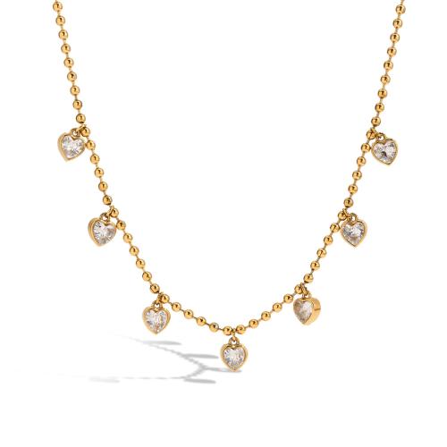Rustfrit stål smykker halskæde, 304 rustfrit stål, med Cubic Zirconia, forgyldt, mode smykker & for kvinde, gylden, Solgt af PC