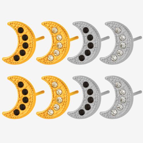 Stainless Steel Stud Øreringe, 304 rustfrit stål, Moon, forgyldt, mode smykker & for kvinde & med rhinestone, flere farver til valg, Solgt af par