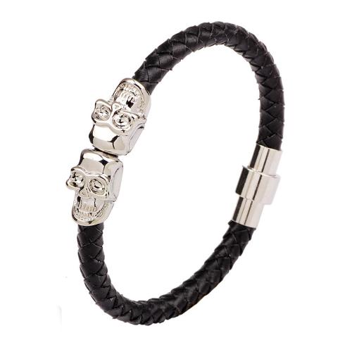 PU Leather Bracelet with Zinc Alloy Skull plated punk style & for man Length Approx 7-9 Inch Sold By PC