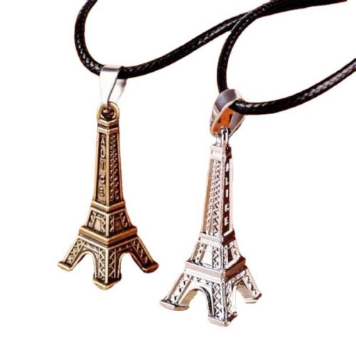 Titanium Steel Necklace with leather cord Eiffel Tower plated vintage & for man Length Approx 16-20 Inch Sold By PC
