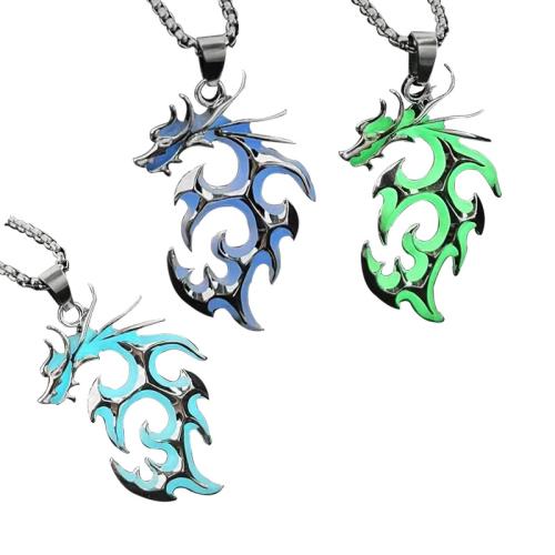 Zinc Alloy Necklace with 304 Stainless Steel Chain & leather cord Dragon plated Unisex & luminated Length Approx 19.5-31.5 Inch Sold By PC