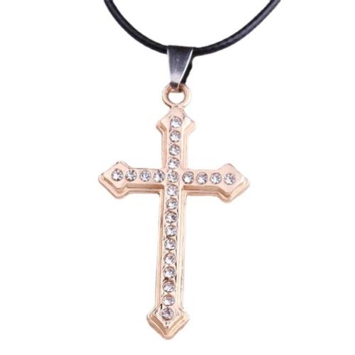 Zinc Alloy Necklace with leather cord Cross plated for man & with rhinestone Length Approx 16-20 Inch Sold By PC
