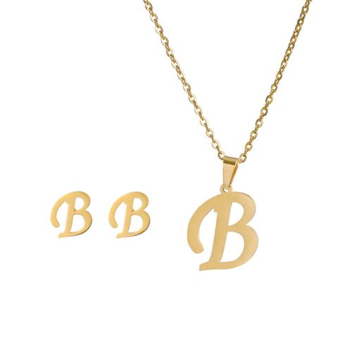 304 acciaio inox set di gioielli fashion, Orecchino a bottone & Collana, Lettera alfabeto, placcato color oro, 2 pezzi & stili diversi per la scelta & per la donna, necklace length 16-20inch, Venduto da set