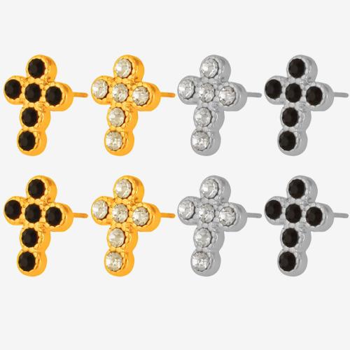 304 Stainless Steel Stud Earring Cross plated fashion jewelry & for woman & with rhinestone Sold By Pair