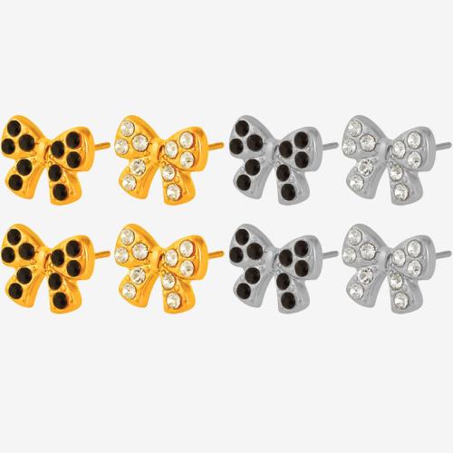 304 Stainless Steel Stud Earring Bowknot plated fashion jewelry & for woman & with rhinestone Sold By Pair
