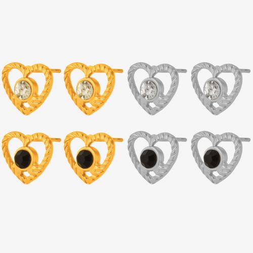 304 rustfrit stål Stud Earring, Heart, forgyldt, for kvinde & med rhinestone & hule, flere farver til valg, Solgt af par