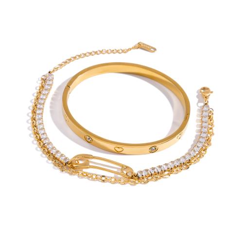 Jewelry Cruach dhosmálta Bracelet, 304 Cruach dhosmálta, le Ciúbach Zirconia, plátáilte, Ciseal Dúbailte & stíleanna éagsúla do rogha & do bhean, órga, Díolta De réir PC
