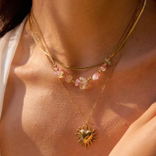 Multi Layer Necklace 304 Stainless Steel with Natural Stone & Titanium Steel gold color plated three pieces & fashion jewelry Sold By Set