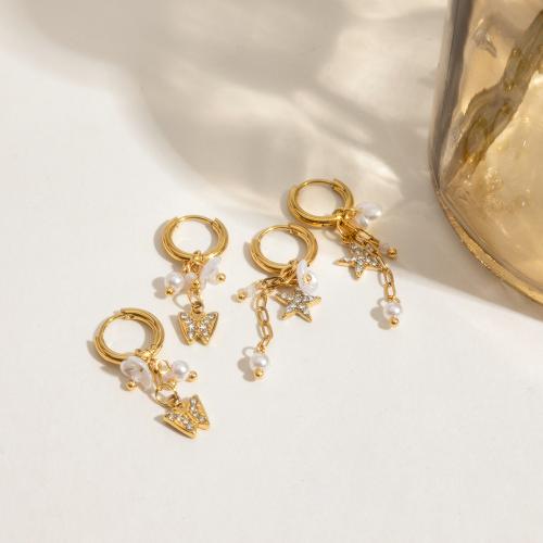Roestvrij staal hangoorbellen, 304 roestvrij staal, met Plastic Pearl, gold plated, mode sieraden & met strass, meer kleuren voor de keuze, Verkocht door Bag