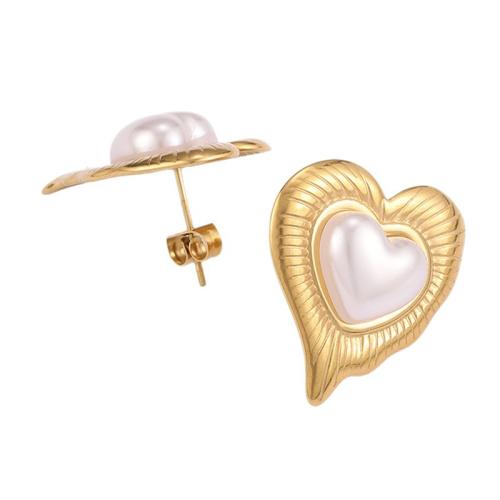 304 rustfrit stål Stud Earring, med Plastic Pearl, Heart, forgyldt, mode smykker & for kvinde, gylden, Solgt af par