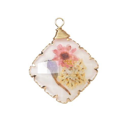 Harz Anhänger, mit Getrocknete Blumen & Messing, plattiert, DIY, gemischte Farben, 26x5.80x32.30mm, verkauft von PC