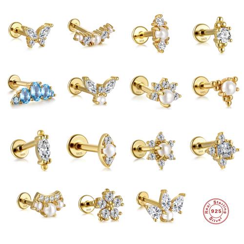 Серебро 925 пробы серьги для пирсинга, с Пластиковая жемчужина, разные стили для выбора & инкрустированное микро кубического циркония & Женский, ear needle size 8x1.2mm, flat base length 4mm, продается PC
