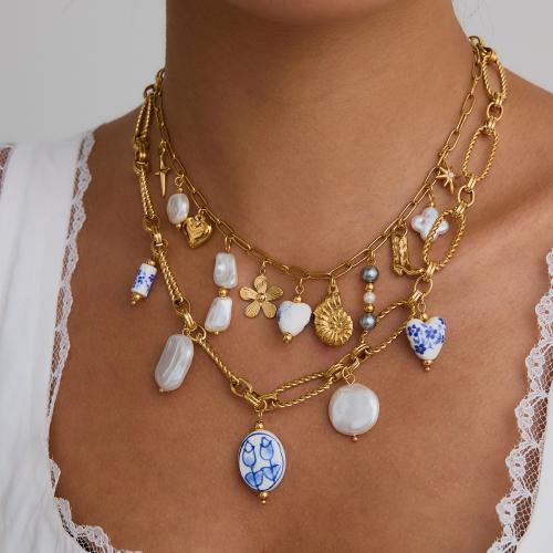 Fashion Stainless Steel Jewelry Sets 304 Stainless Steel with Porcelain & Freshwater Pearl gold color plated fashion jewelry Sold By PC