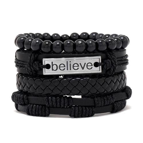 cuir de peau de vache Set de bracelet, avec corde de cire & bois & alliage de zinc, fait à la main, multicouche & unisexe & styles différents pour le choix, Longueur Environ 7-10.5 pouce, Vendu par fixé