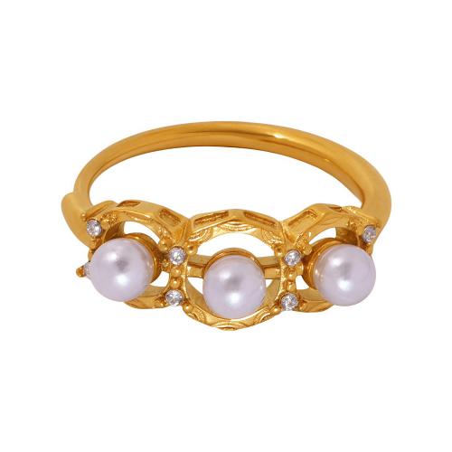 Zirkonia Edelstahl-Finger- Ring, 304 Edelstahl, mit Muschelkern & kubischer Zirkonia, plattiert, Modeschmuck & für Frau & hohl, keine, Größe:7, verkauft von PC