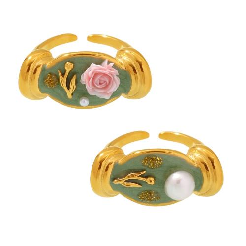304 Stainless Steel Cuff Finger Ring with Freshwater Pearl plated & for woman & enamel US Ring Sold By PC