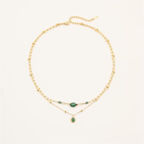 Collar de acero inoxidable de la joyería, acero inoxidable 304, con Piedra natural, 18K chapado en oro, Doble capa & diferentes materiales para la opción & para mujer, Vendido por UD