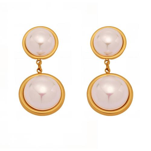 Stainless Steel Drop Earring 304 Stainless Steel with Shell Pearl Round plated fashion jewelry & for woman golden Sold By Pair