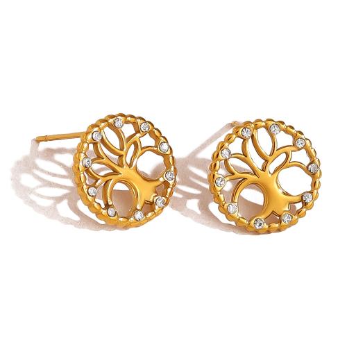 Stainless Steel Stud Earrings 304 Stainless Steel with Crystal 18K gold plated & for woman & hollow Sold By Pair