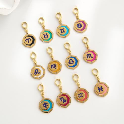 Aço inoxidável 304 pingente, with cobre, 12 Signos do Zodíaco, cromado de cor dourada, aleatoriamente enviado & DIY & esmalte & com strass, 35x17mm, vendido por PC