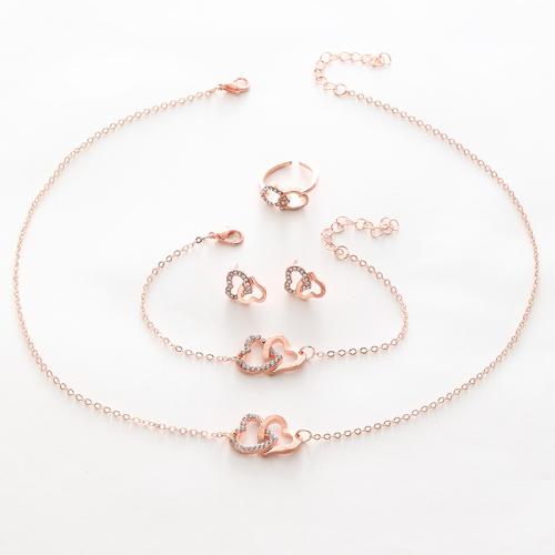 Zinklegierung Mode Schmuckset, Fingerring & Armband & Ohrring & Halskette, Herz, plattiert, 4 Stück & für Frau & mit Strass, keine, necklace length 18-20inch, bracelet length 6-8inch, Größe:6-8, verkauft von PC