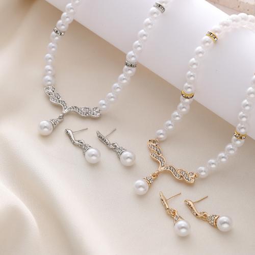 lega in zinco set di gioielli fashion, Orecchino a bottone & Collana, with perla in plastica, placcato, 2 pezzi & per la donna & con strass, nessuno, Lunghezza Appross. 19.7-31.5 pollice, Venduto da set