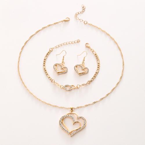 Zinklegierung Mode Schmuckset, Armband & Ohrring & Halskette, Herz, goldfarben plattiert, drei Stücke & für Frau & mit Strass, necklace length 19.7-23.6inch, bracelet length 6-8inch, verkauft von PC
