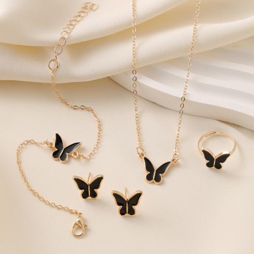 Zinklegierung Mode Schmuckset, Stud Ohrring & Fingerring & Armband & Halskette, Schmetterling, goldfarben plattiert, 4 Stück & für Frau & Emaille, keine, necklace length 18-20inch, bracelet length 6-8inch, Größe:6-8, verkauft von setzen