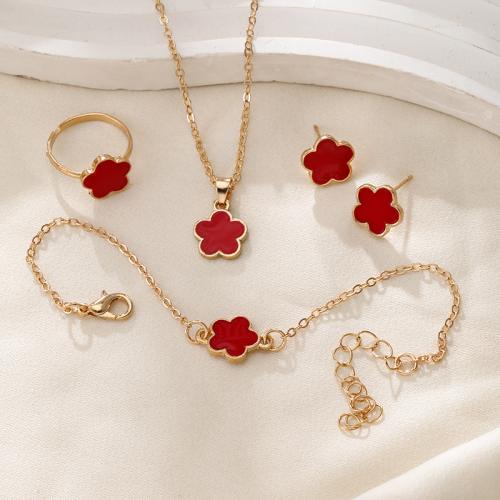 Zinc Alloy Sieraden set, Stud Oorbel & vinger ring & armband & halsketting, Bloem, gold plated, 4 stuks & voor vrouw & glazuur, meer kleuren voor de keuze, necklace length 18-20inch, bracelet length 6-8inch, Maat:6-8, Verkocht door Stel