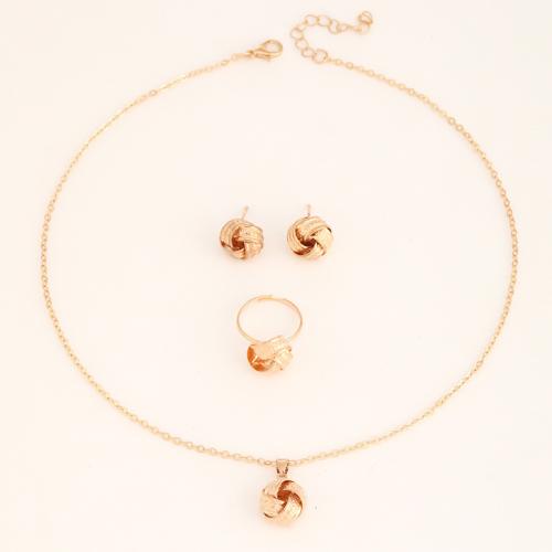 Zinklegierung Mode Schmuckset, Stud Ohrring & Fingerring & Halskette, goldfarben plattiert, drei Stücke & für Frau, necklace length 18-20inch, bracelet length 6-8inch, Größe:6-8, verkauft von setzen