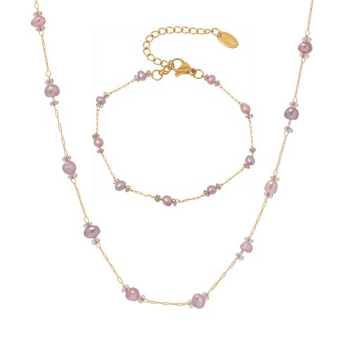 Natural Cultured Freshwater Pearl Jewelry Sets 304 Stainless Steel with Freshwater Pearl plated fashion jewelry & for woman golden Sold By PC