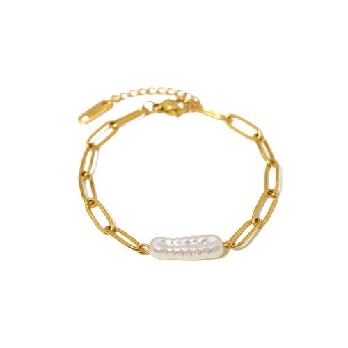 Sötvatten odlade Pearl Bracelet, 304 rostfritt stål, med Freshwater Pearl, 18K guldpläterad, mode smycken & olika stilar för val & för kvinna, Säljs av PC