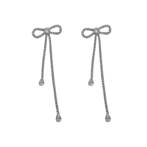 Sinc Alloy Tassel Earring, Bowknot, plátáilte, do bhean & le rhinestone, dathanna níos mó le haghaidh rogha, 40x100mm, Díolta De réir Péire