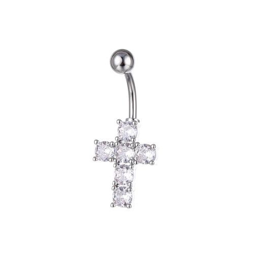 Mosiądz Belly Ring, ze Stal nierdzewna 316, Krzyż, dla obu płci & mikro utorować cyrkonia, 10x30mm, sprzedane przez PC