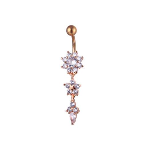 metal anillo de vientre, con acero inoxidable 316, Flor, chapado, unisexo & micro arcilla de zirconia cúbica, más colores para la opción, belly ring length 40-50mm, Vendido por UD