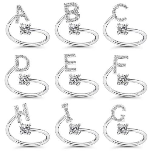 liga de zinco Cuff Ring Finger, Letra do Alfabeto, cromado de cor platina, Vario tipos a sua escolha & micro pavimento em zircônia cúbica & para mulher, tamanho:6-8, vendido por PC