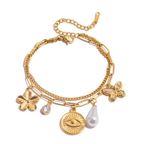 Stainless Steel Jewelry Bracelet 304 Stainless Steel with Plastic Pearl plated Double Layer & for woman & with rhinestone golden Sold By PC