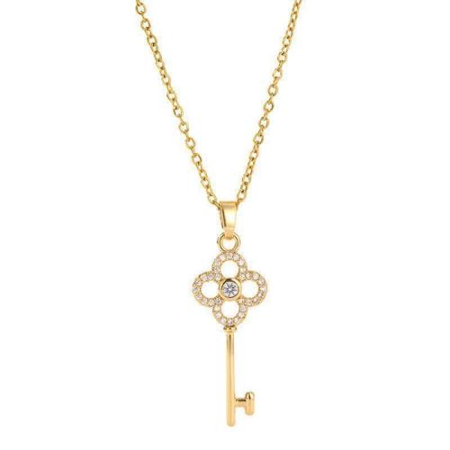 Titanium Steel Necklace Key plated fashion jewelry & micro pave cubic zirconia & for woman Length Approx 41 cm Sold By PC