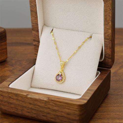 Collier d'acier titane, avec zircon cubique, Placage, bijoux de mode & pour femme & avec strass, doré, Vendu par PC