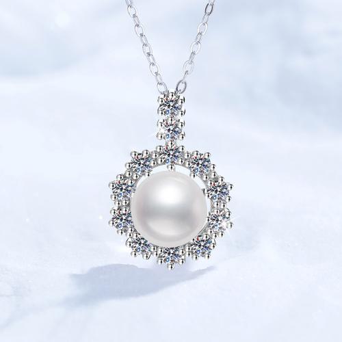 925 Sterling Silver Ogrlica, s Moissanite (razdvojba) & Slatkovodni Pearl, s 2inch Produžetak lanac, Cvijet, za žene, Dužina Približno 15.7 inčni, Prodano By PC