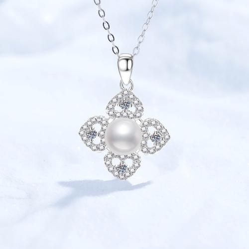 925 Sterling Silver Náhrdelník, s Moissanitů & Sladkovodní Pearl, s 2inch extender řetězce, Květina, pro ženy, Délka Cca 15.7 inch, Prodáno By PC