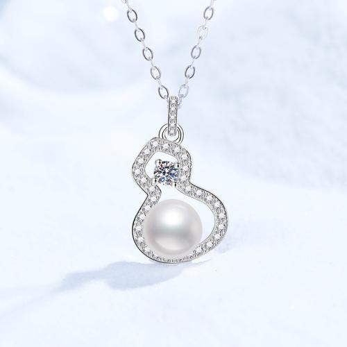 Argent sterling 925 collier, avec Moissanite & perle d'eau douce cultivée, avec 2inch chaînes de rallonge, calebasse, pour femme, Longueur Environ 15.7 pouce, Vendu par PC