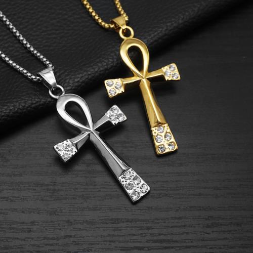 Nerūdijančio plieno Cross Pakabukai, 304 Nerūdijantis plienas, su Titano plienas, Kirsti, aukso spalva padengtas, Bižuterijos & su Kalnų krištolas, daugiau spalvų pasirinkimas, 38x6x68mm, Pardavė PC